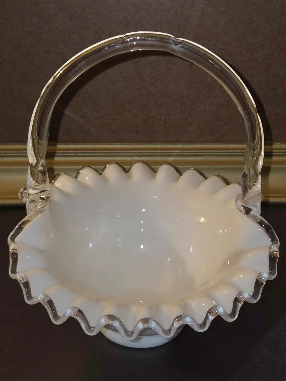 Vintage Fenton Silver Crest Milk Glass Ruffled Basket Clear Twisted Handle